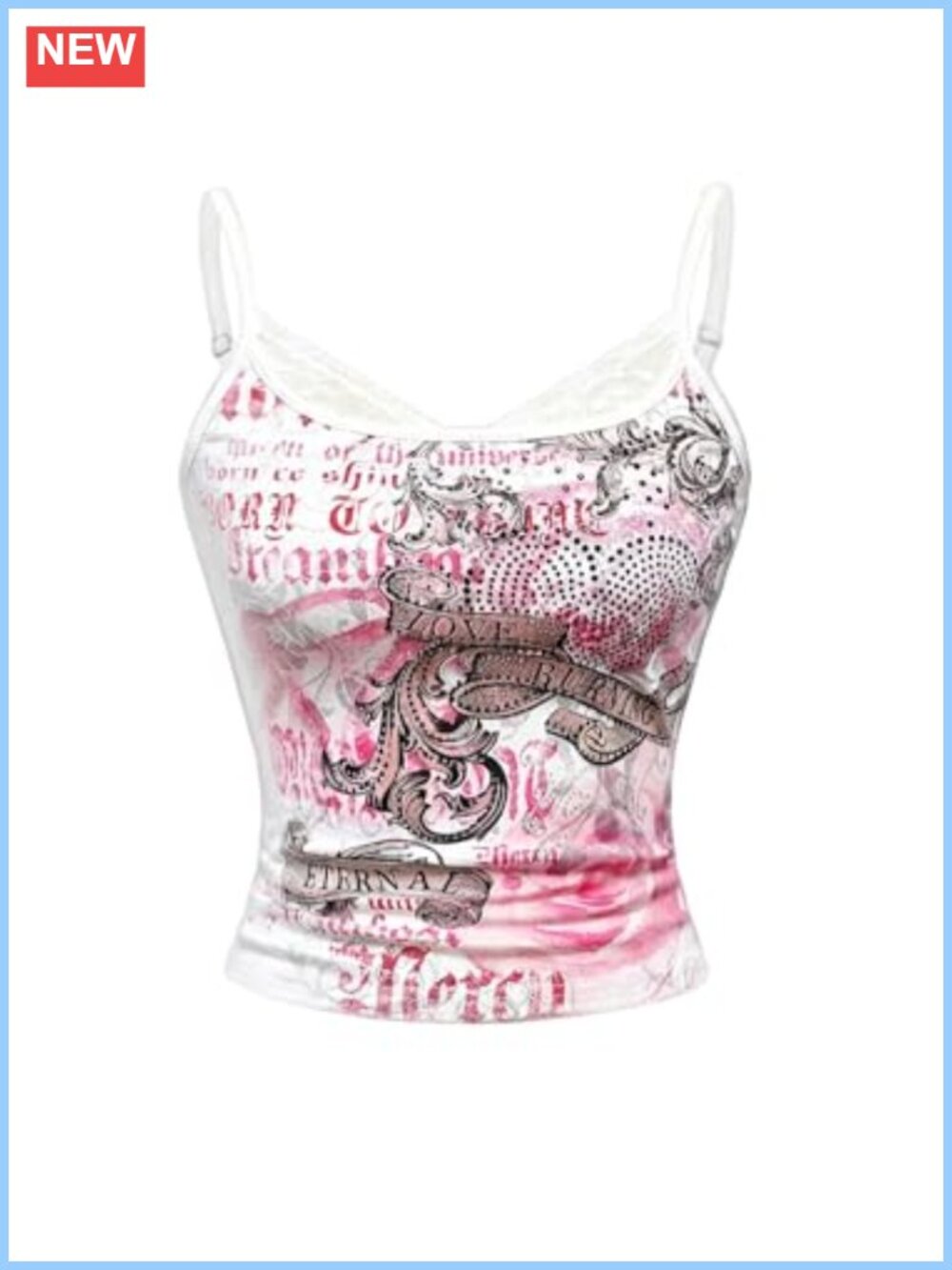 Y2k Punk Graphic Lace Rhinestone Ruched Cami Top Slim Fit Sleeveless V-Neck